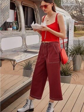 Urban Outfitters BDG Cropped Contrast Stitch Carpenter Jeans - Brick Red, 28